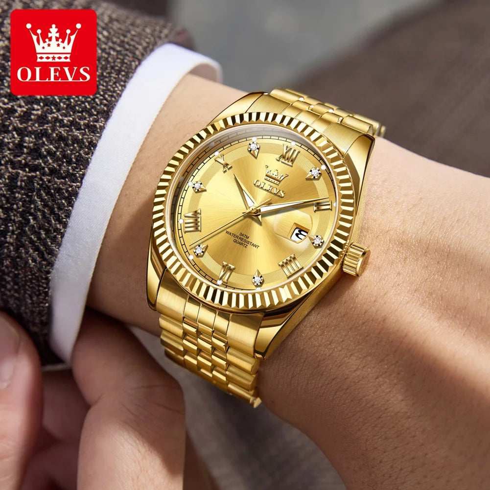 OLEVS Luxus Gold Quarzuhren für Herren Original Chronograph Datum Edelstahl Wasserdicht Leuchtend Top Marke Herrenuhr 5680