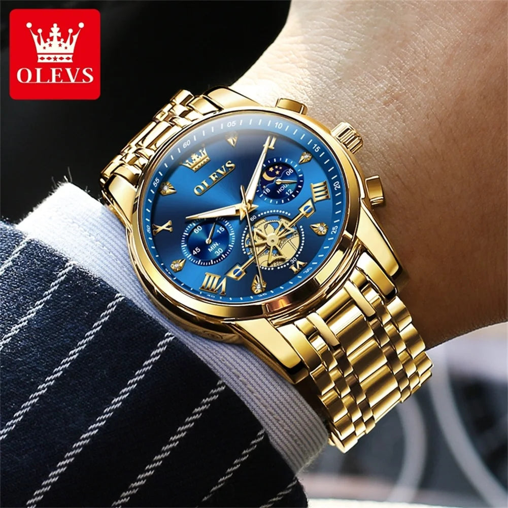 OLEVS 42mm Herrenuhr mit großem Zifferblatt, Mondphase, 24-Stunden-Anzeige, wasserdichte Quarz-Herrenarmbanduhr, Original Luxus Armbanduhr 2856