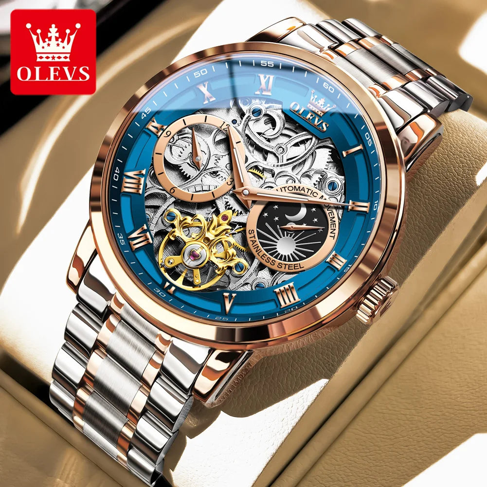 OLEVS Herrenuhr Original Luxusmarke Skelett Mechanische Armbanduhr Mondphase Wasserdicht Business Herrenuhr 6670