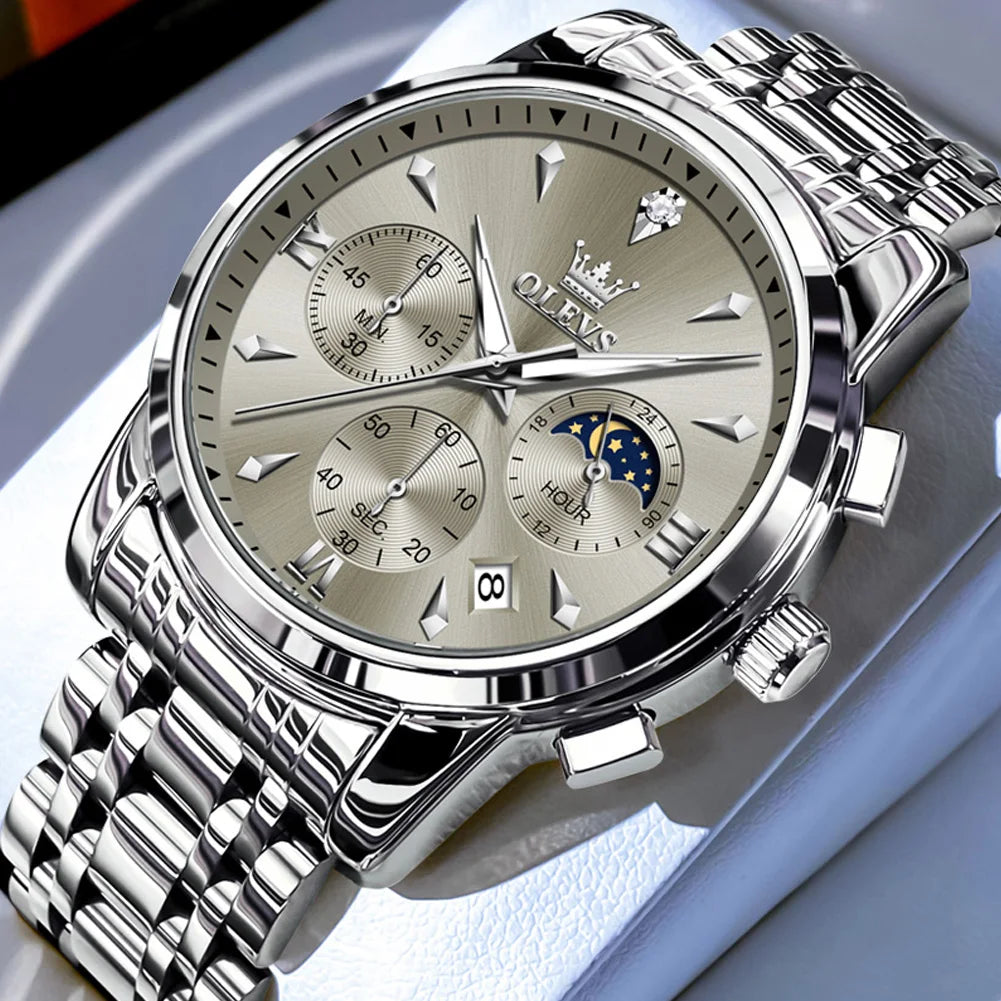 OLEVS 3639 Luxury Men's Watch Top Brand Moon Phase Chronograph Quartz Watches For Man Auto Date Fashion Waterproof Man Clock
