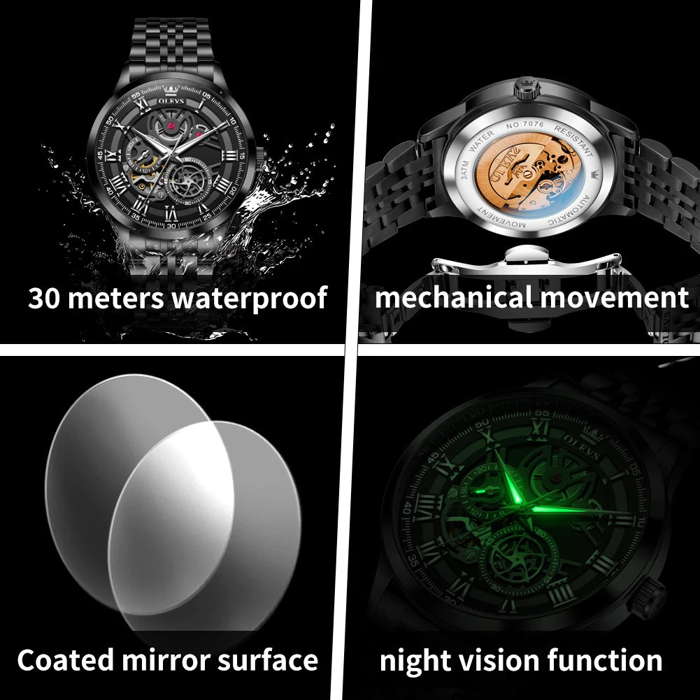 OLEVS 7076 Herren Automatikuhr Mode Hohl Mechanische Uhr Für Herren Wasserdicht Edelstahlarmband Römische Ziffern Skala Handuhr