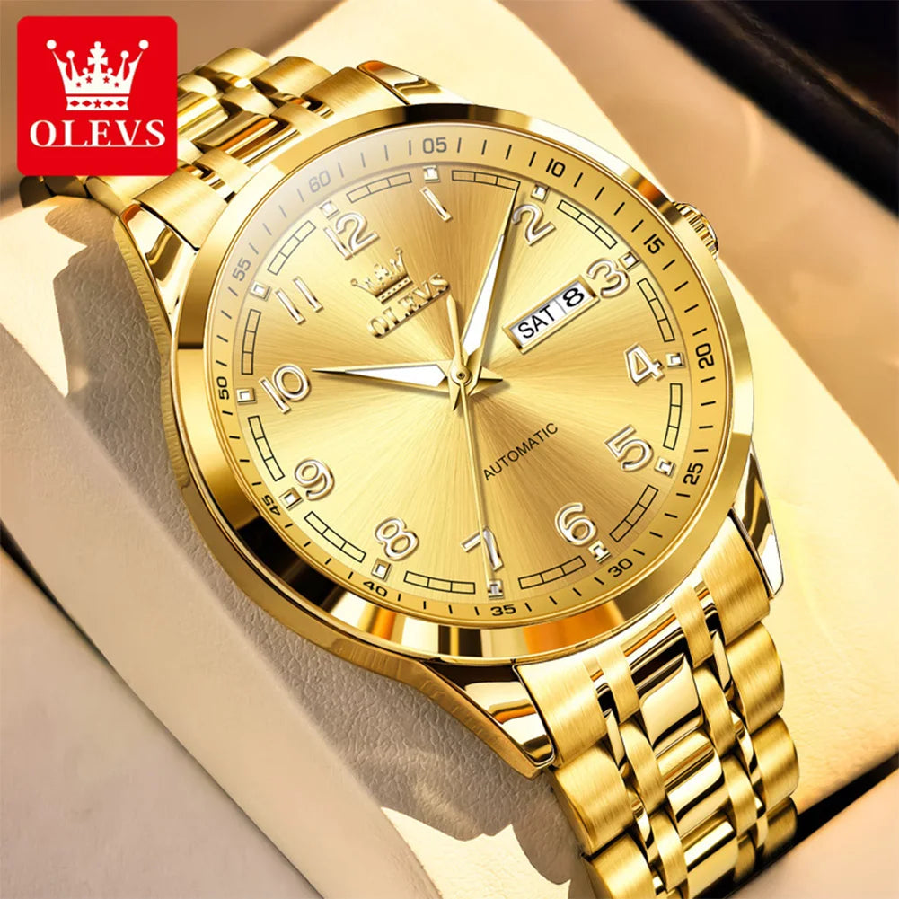 OLEVS 7077 Herren-Automatikuhr, Mode, Datum, mechanische Herrenuhr, Ziffernskala, luxuriös, wasserdicht, leuchtende Uhr für Herren