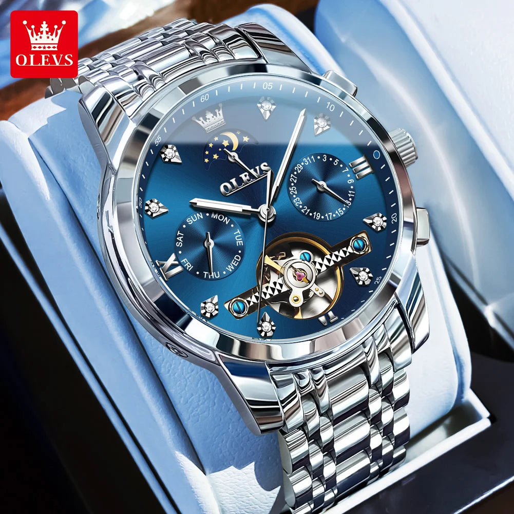 OLEVS Herrenuhren Business Mondphase Luxus Automatische Mechanische Uhr Für Herren Wasserdicht Edelstahl Woche Datum Uhr 6678