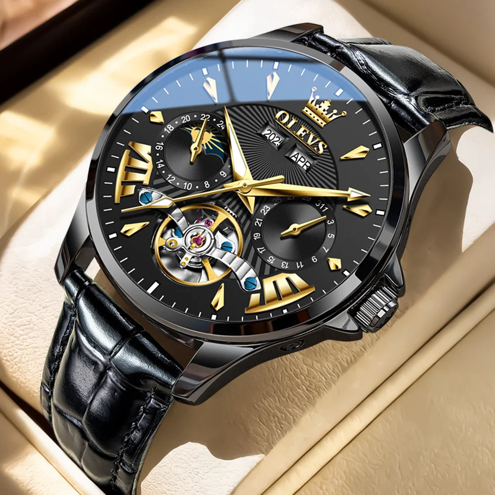 OLEVS 7103 Herrenuhr Schwungrad Automatische Mechanische Armbanduhr Wasserdicht Ewiger Kalender Mondphase Uhren für Herren Klassisch