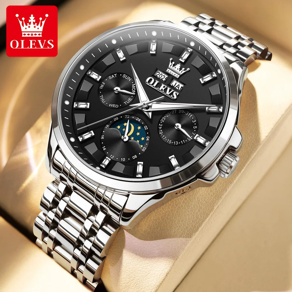 OLEVS 7070 Uhr Herren Original Mechanische Uhr für Männer Mondphase Kalender Wasserdicht Mode Automatische Handuhr Stahlband