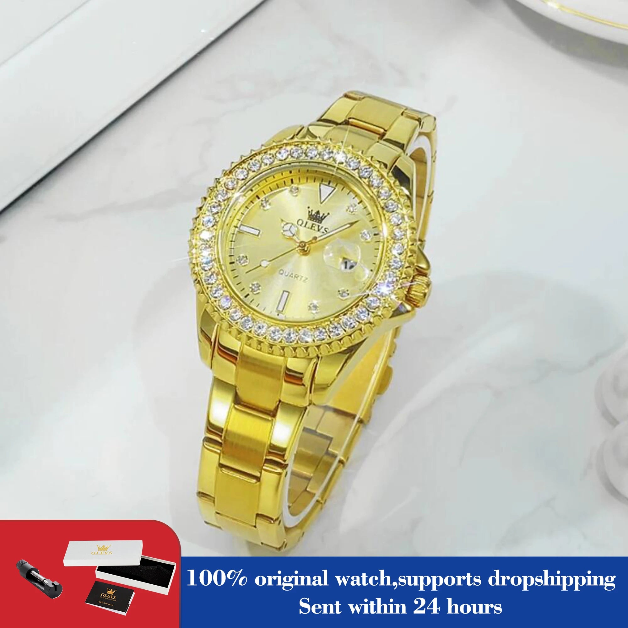OLEVS 9945 Armbanduhr für Damen, klassisch, modisch, Datum, wasserdicht, Quarz, Damen-Kleideruhr, Luxus-Diamantskala, Originaluhren