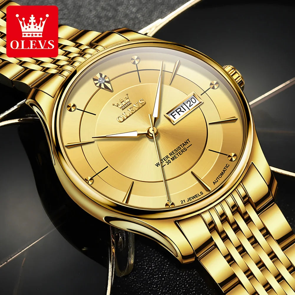 OLEVS 9927 Automatikuhr für Herren Luxus-Doppelkalender Original Mechanische Anzuguhr Wasserdicht Leuchtend Herrenuhren