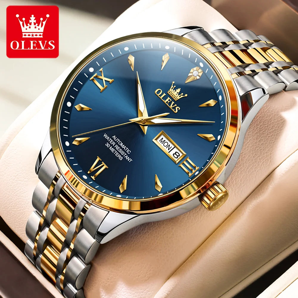 OLEVS 9956 Herrenuhr Stahlarmband Luxus Automatikuhr für Herren Original Mode Wasserdicht Mechanische Uhr Doppelkalender