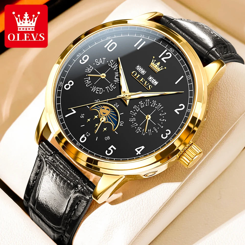 OLEVS 6698 Herren Automatikuhr mit Zifferblatt, Mondphase, mechanisch, für Herren, 42 mm großes Zifferblatt, wasserdicht, Leder, Herrenuhr