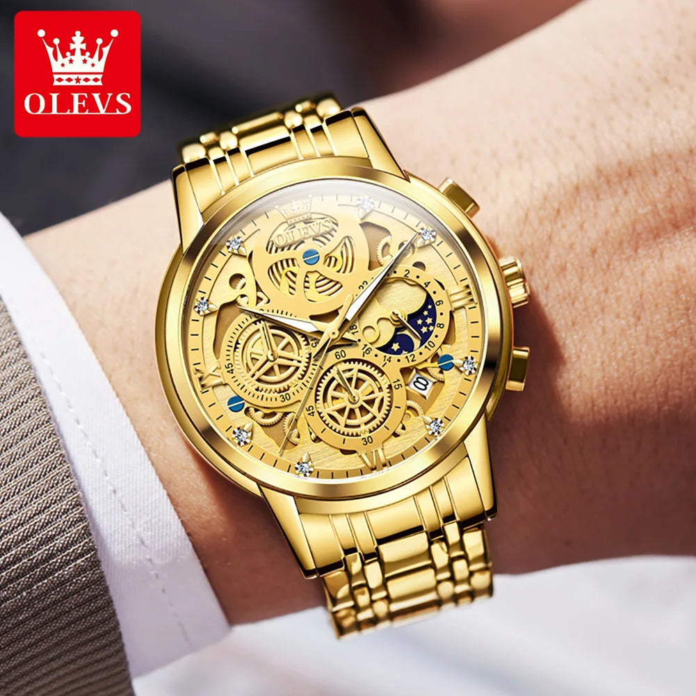 OLEVS 9947 Original Klassische Skelett Quarzuhren für Herren Marke Wasserdichte Edelstahl Kalender Herren Armbanduhr