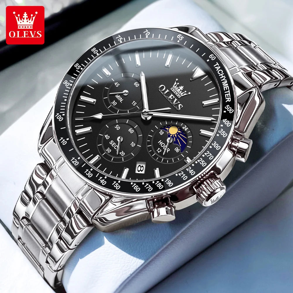 OLEVS 3618 Quartz Watch For Men Original Chronograph Moon Phase 24 Hours Display Hand Clock Stainless Steel Top Brand Man Watch