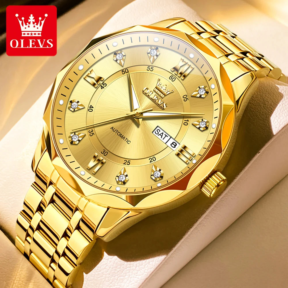 OLEVS 6727 Herren Automatikuhr Luxus Dual Kalender Mechanische Armbanduhr für Herren Zirkonskala Edelstahlarmband Wasserdichte Herrenuhr