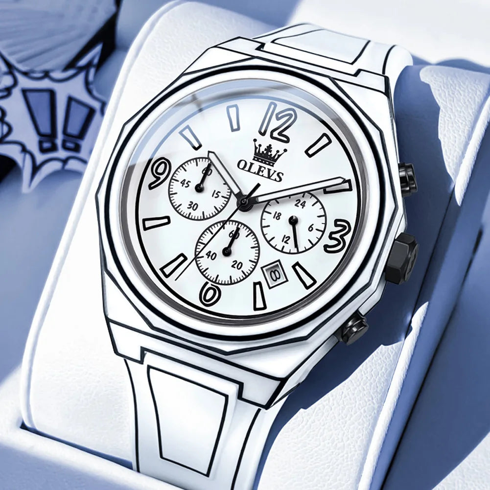 OLEVS 5622 Comic Style Quarzuhr für Herren Chronograph Wasserdicht Leuchtzeiger Ziffernblatt Datum Silikon-Herrenuhren