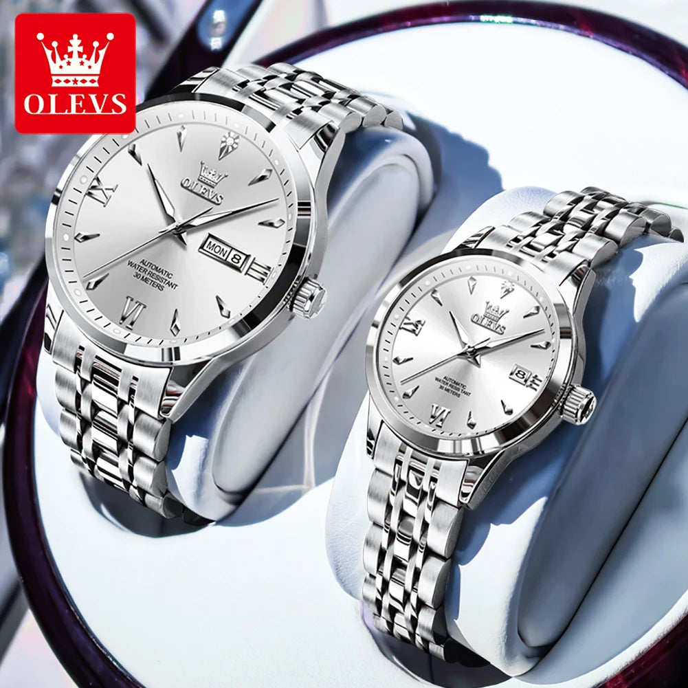 OLEVS 9956 Uhren für Paare Automatische Mechanische Uhren Dual-Kalender Original Edelstahl Zeigeruhr Wasserdicht 9956
