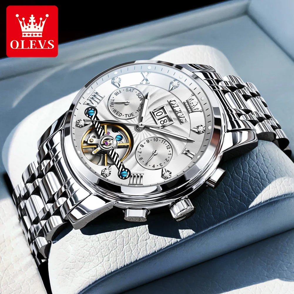 OLEVS 9910 Herrenuhr Luxus Business Mechanische Uhr für Herren Hohl Roman Skala Wasserdicht Leuchtender Kalender Herren-Armbanduhr