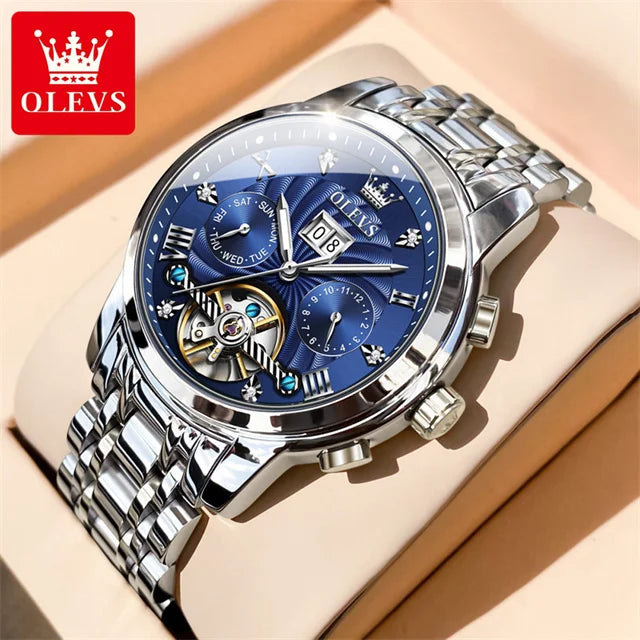 OLEVS 9910 Automatikuhr für Herren, mechanische Herrenarmbanduhr, luxuriöse Skelettuhr aus Edelstahl, wasserdicht, Original Herrenuhr