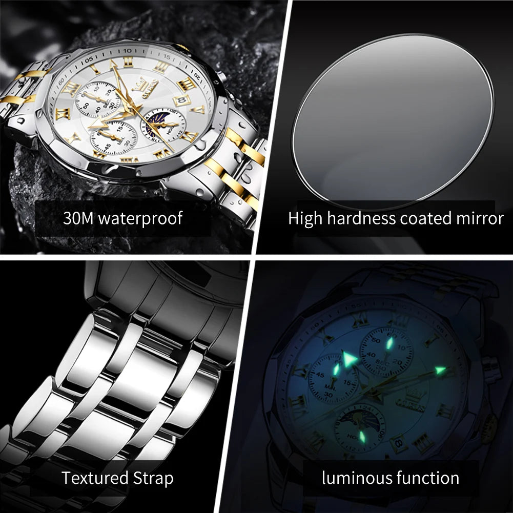 OLEVS 3675 Watch For Men Roman Scale Luxury Rhombus Mirror Chronograph Man Hand Clock Moon Phase Date Waterproof Quartz Watches