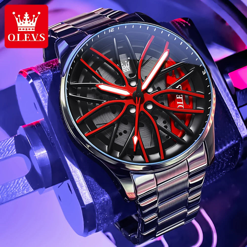 OLEVS Herrenuhr Quarzuhr Original drehbares Radnaben-Zifferblatt Modetrend Wasserdicht Leuchtend Edelstahl Armbanduhr 9937