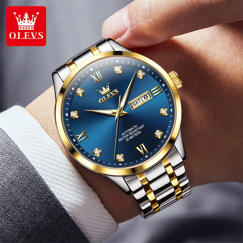 OLEVS Uhren Luxus Herren Business Diamantskala Automatik Mechanische Uhr Doppelkalender Wasserdicht Herren Armbanduhr 9946