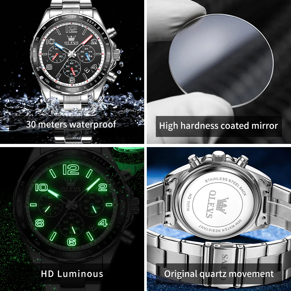 OLEVS TY714 Neue exklusive Mode-Quarz-Uhr für Herren 42mm Ziffern Großes Zifferblatt Edelstahl Herrenuhren Chronograph Zeigeruhr