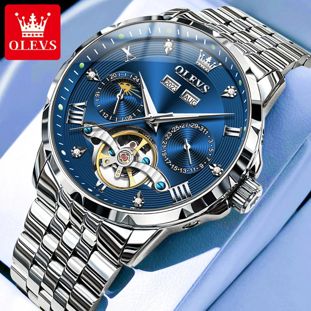 OLEVS 6691 Herrenuhren Luxus Römische Skala Mechanische Uhr für Herren Moonswatch Hohl Schwungrad Kalender Wasserdichte Armbanduhr