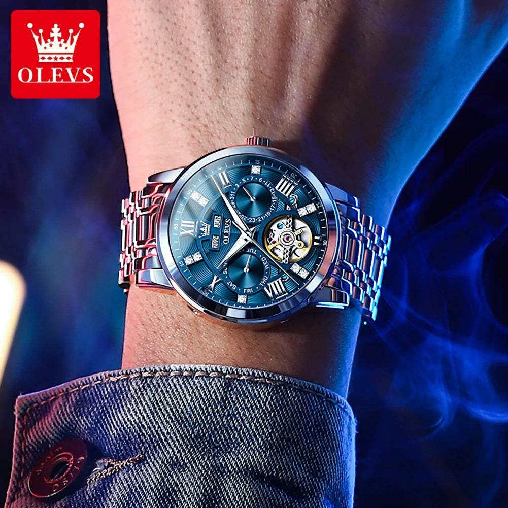 OLEVS 6701 Herrenuhren Top Marke Original Automatische Datumsanzeige Mechanische Uhr für Herren Hohl Wasserdicht Edelstahl Männliche Armbanduhr