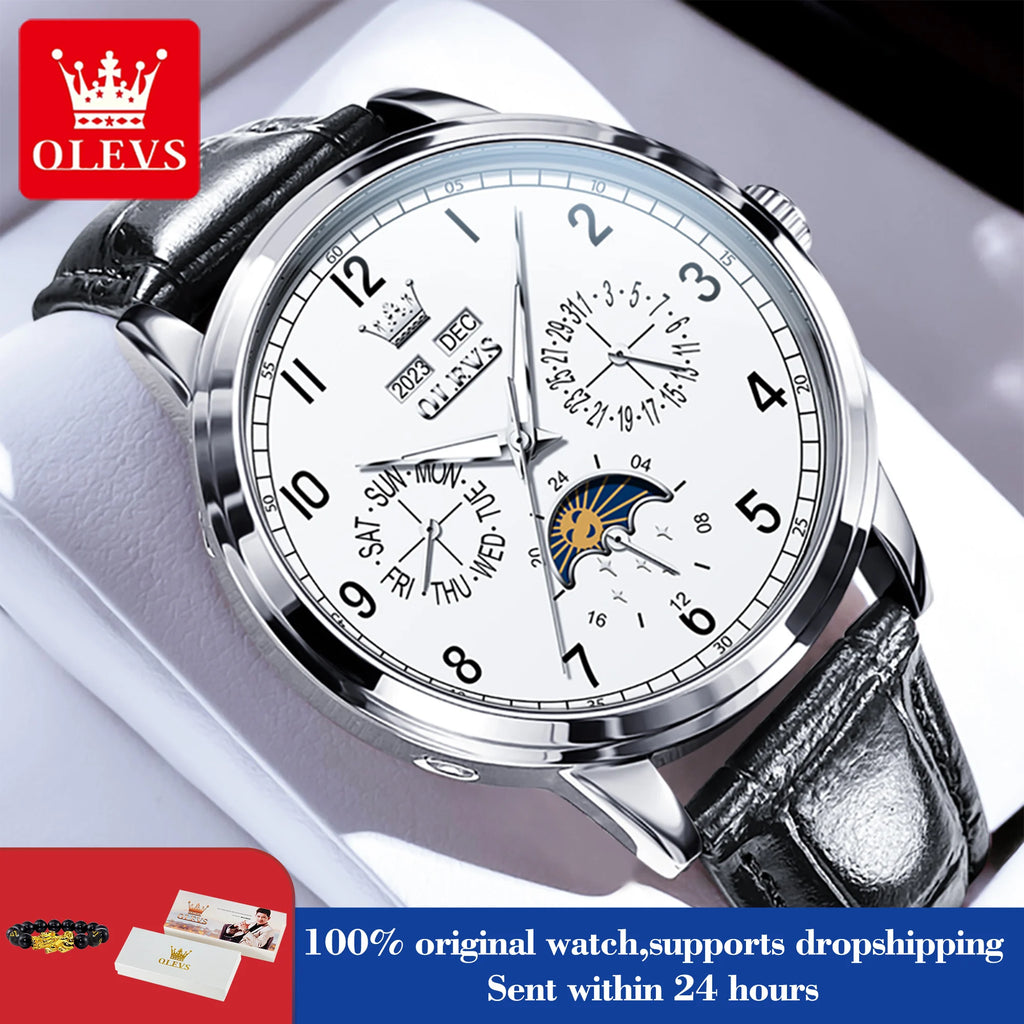 OLEVS 6698 Herren Automatikuhr mit Zifferblatt, Mondphase, mechanisch, für Herren, 42 mm großes Zifferblatt, wasserdicht, Leder, Herrenuhr