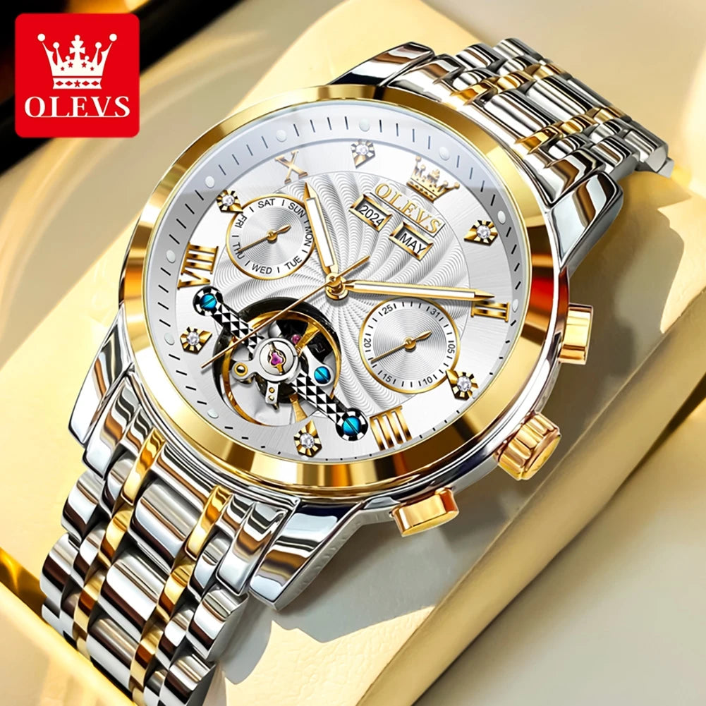 OLEVS 7088 Herrenuhr Mode Kalender Mechanische Uhr für Herren Original Hohl-Stahlarmband Business Armbanduhr Tief Wasserdicht