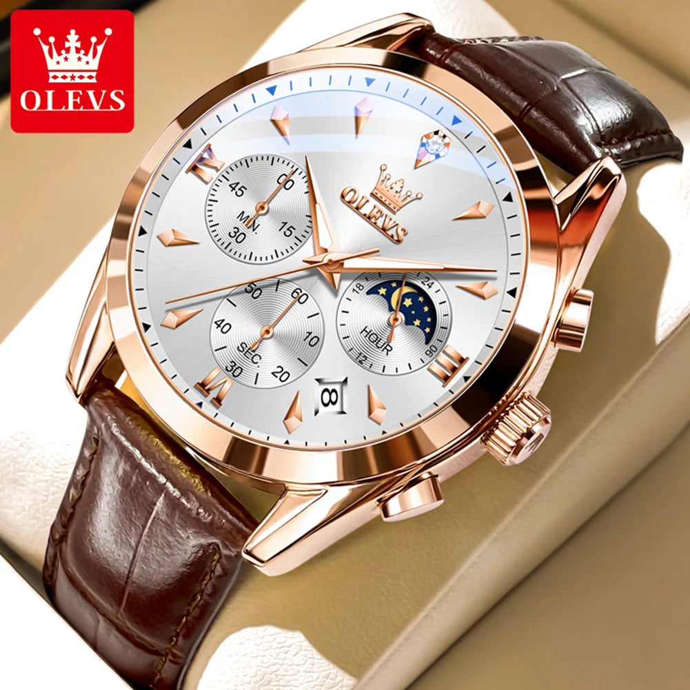 OLEVS 3609 Watch For Men Fashion Calendar Waterproof Luminous Male Hand Clock Chronograph Moon Phase Quartz Business Man Watches