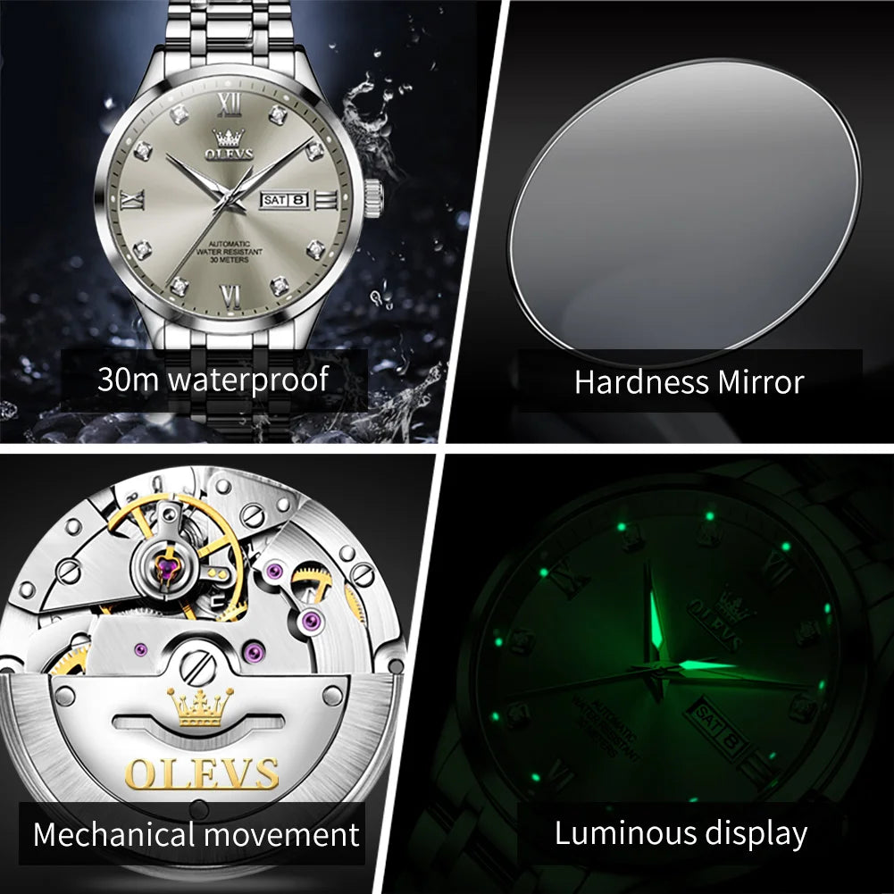 OLEVS Uhren Luxus Herren Business Diamantskala Automatik Mechanische Uhr Doppelkalender Wasserdicht Herren Armbanduhr 9946