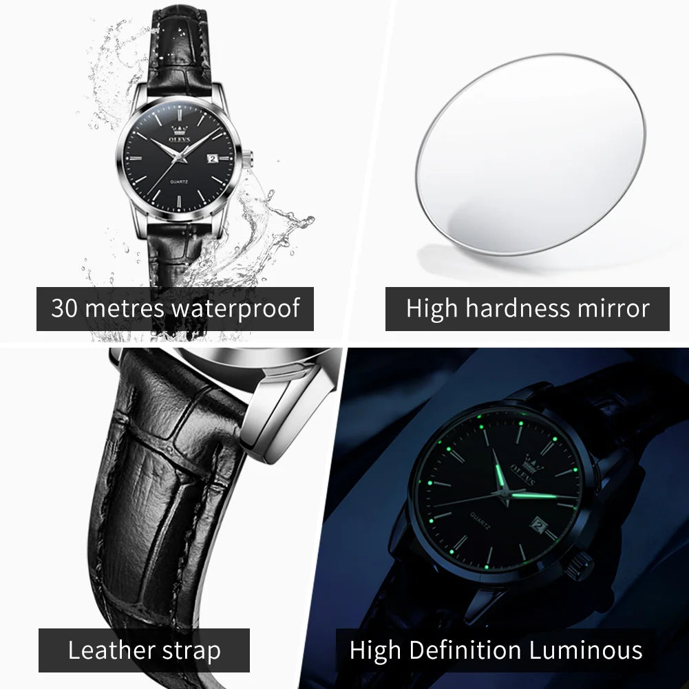 OLEVS 6898 Damen-Armbanduhr Mode Klassisch Datum Quarzuhren für Frauen Lederarmband Wasserdicht Leuchtend Damenuhr