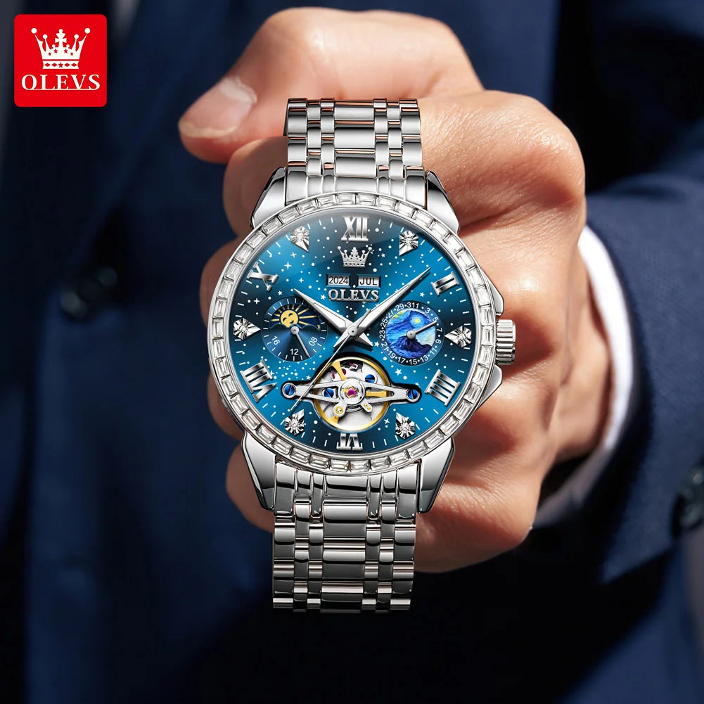 OLEVS Luxus Diamant Skelett Tourbillon Automatik Mechanische Uhr Herren Sternenhimmel Zifferblatt Mondphase Edelstahl Herrenuhr