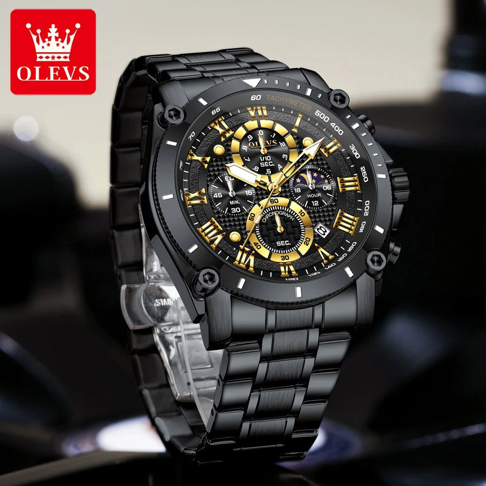 OLEVS 3689 Quartz Men Watch Fashion Original 47mm Big Dial Roman Scale Moon Phase Watch For Men Calendar Waterproof Hand Clock