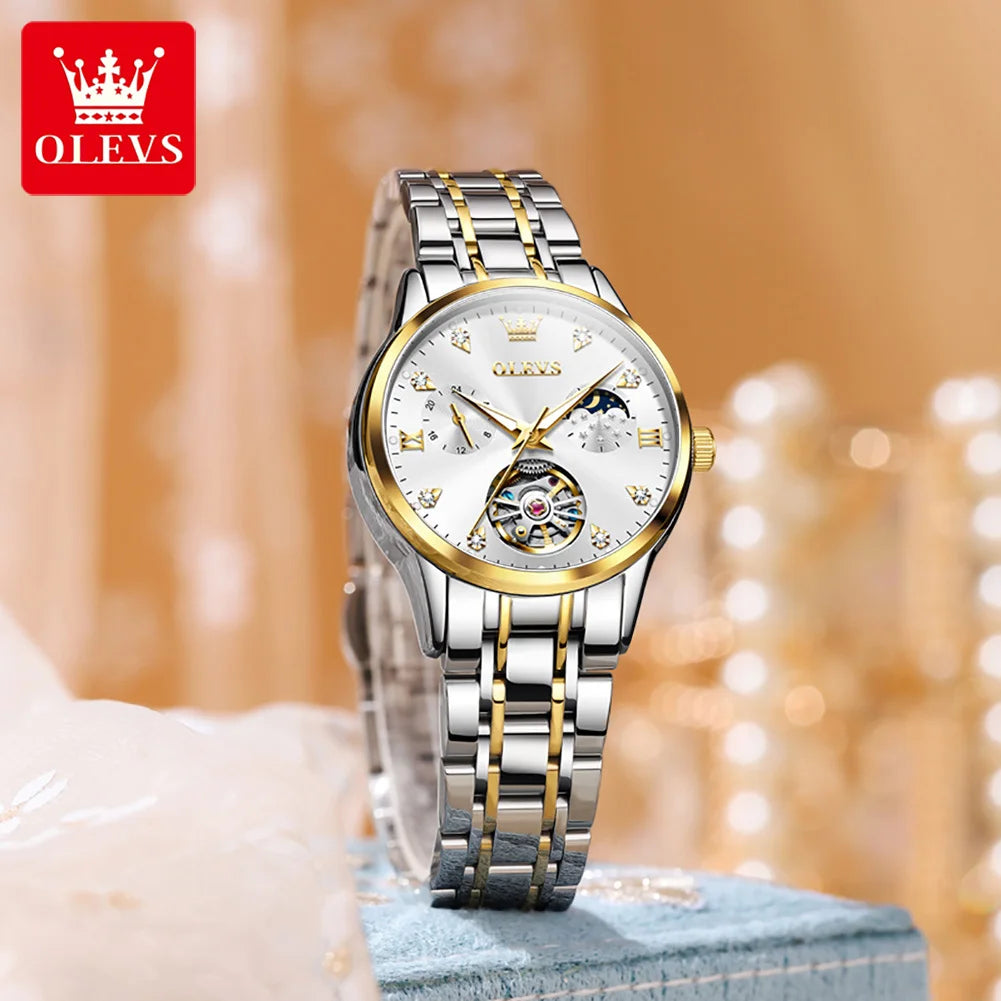 OLEVS Automatic Mechanical Watches For Women Waterproof Luminous Moon Phase Hand Clock Original Luxury Women's Watches 6608