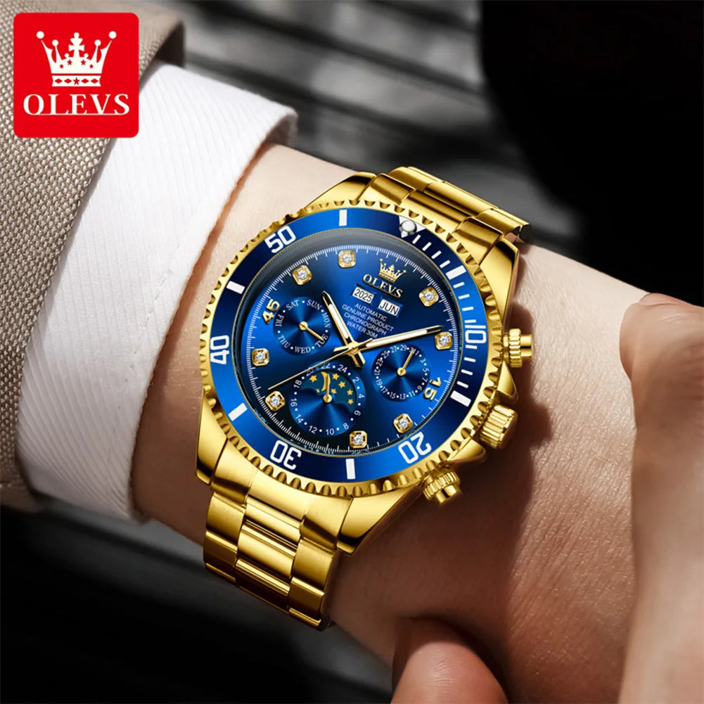 OLEVS 6729 Herren Automatikuhr Luxus Business Mondphase Mechanische Uhr für Herren 30M Wasserdicht Kalender Original Handuhr