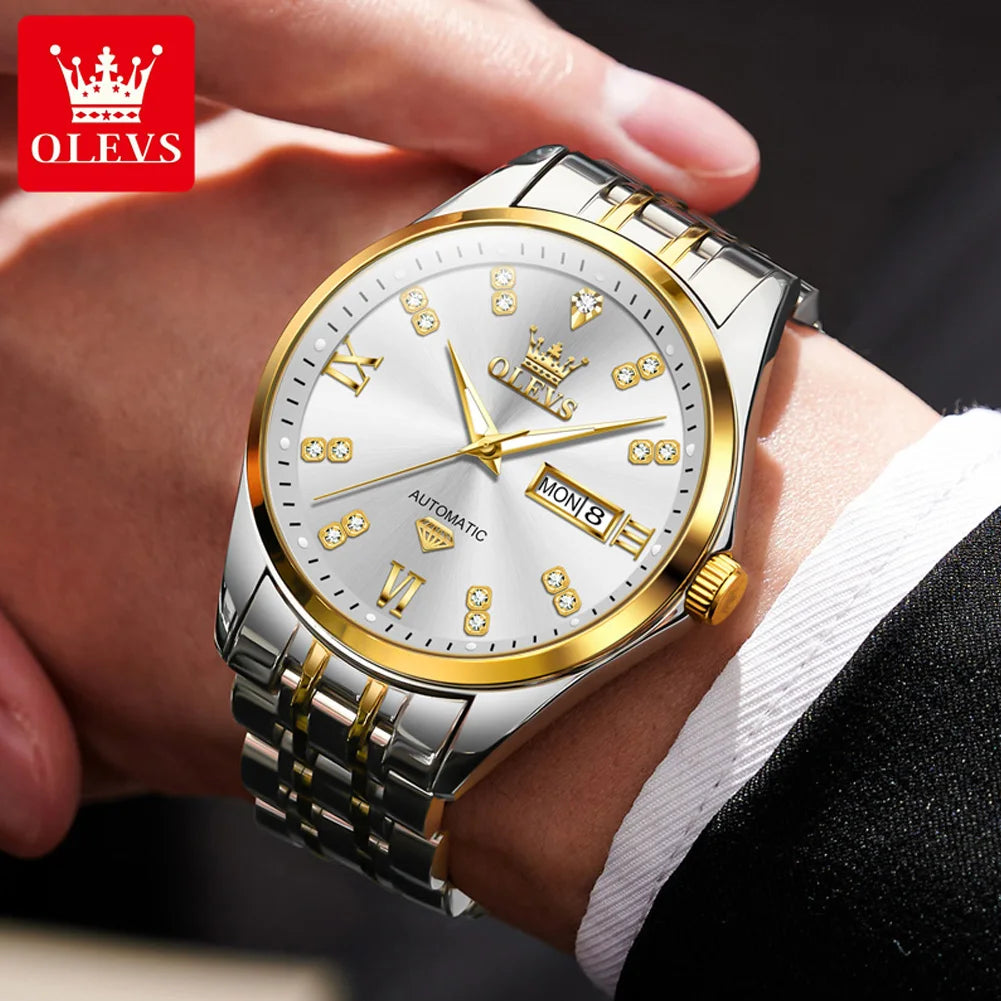 OLEVS 9801 Herrenuhr Wasserdicht Dual Kalender Luxus Mechanische Uhr Für Männer Diamant Zifferblatt Edelstahl Automatische Armbanduhr