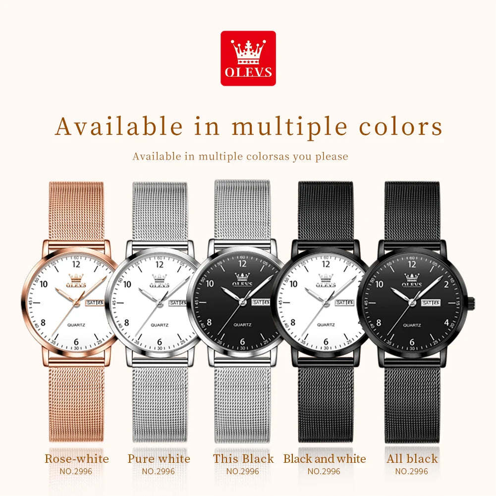 OLEVS 2996 Damenuhren Original Elegante schmale Quarzuhr Wasserdicht Dual-Kalenderanzeige Uhren für Damen Geschenkbox Reloj