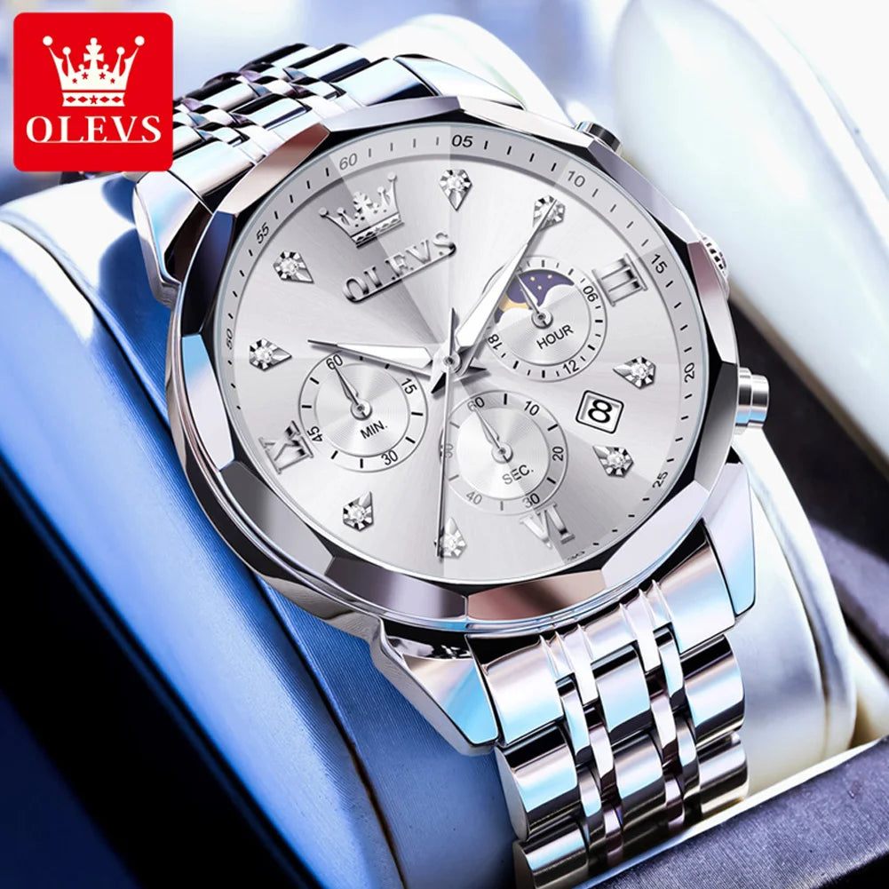 OLEVS 3670 Men's Watch Fashion Date Moon Phase Luminous Quartz Watch For Men Luxury Chronograph Waterproof Business Hand Clock
