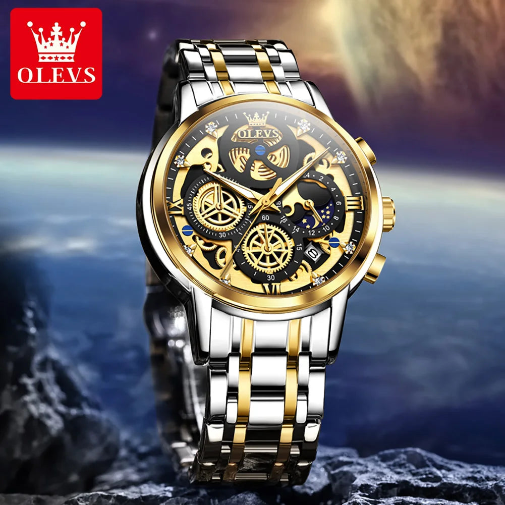 OLEVS 9947 Original Klassische Skelett Quarzuhren für Herren Marke Wasserdichte Edelstahl Kalender Herren Armbanduhr
