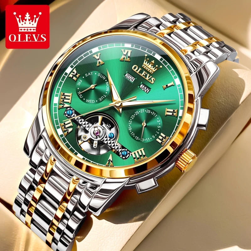 OLEVS Uhren für Herren Luxus-Edelstahl-Schwungrad-Automatik-Uhr Handuhr Woche Datum Wasserdicht Leuchtende Herrenuhr 6607
