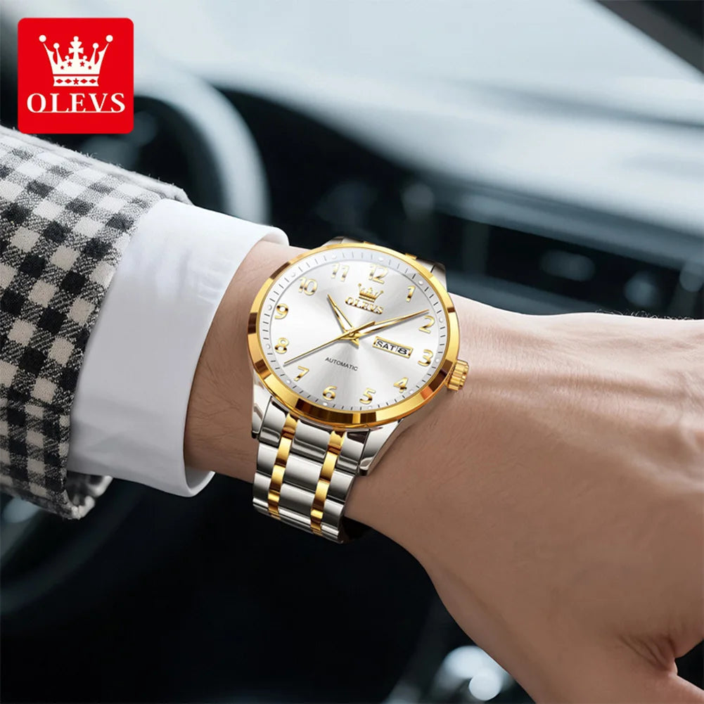 OLEVS 7078 Herren Automatikuhr Top-Marke Doppelte Kalender Mechanische Uhr Für Männer Ziffernblatt Business Armbanduhr Stahlarmband