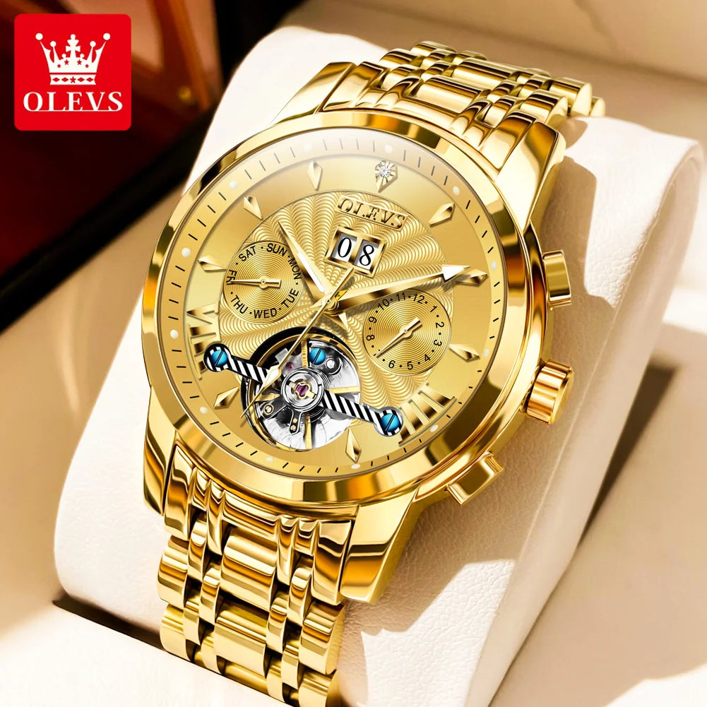 OLEVS 9965 Automatikuhr für Herren, Skelett, Schwungrad, wasserdicht, Herrenuhren, Wochenkalender, Luxus-Herren-Mechanik-Armbanduhr