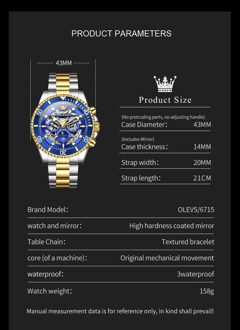 OLEVS 6715 Herren Automatikuhr Top Marke Automatisches Datum Hohlmechanische Uhr Für Männer Luxus Tief Wasserdicht Leuchtende Zeigeruhr