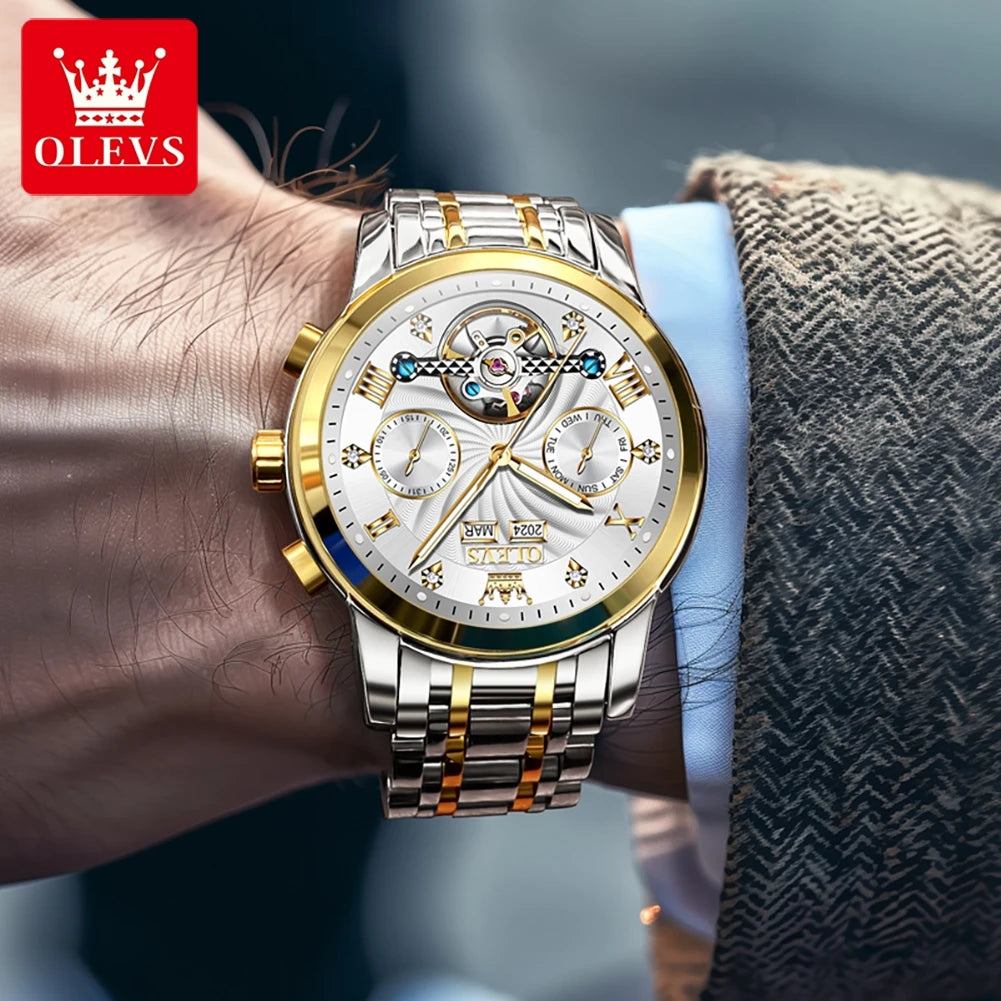 OLEVS Herrenuhr Mode Kalender Mechanische Uhr für Herren Original Hohl-Stahlarmband Business-Armbanduhr Tief wasserdicht 7088