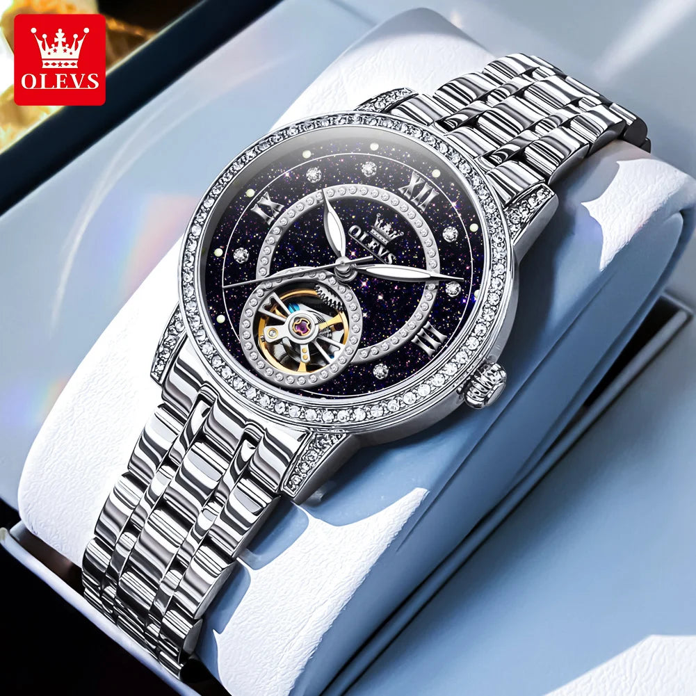 OLEVS Hohl Original Mechanische Uhren Für Frauen Diamant Luxus Automatische Handuhr Wasserdicht Elegante Damenkleideruhren