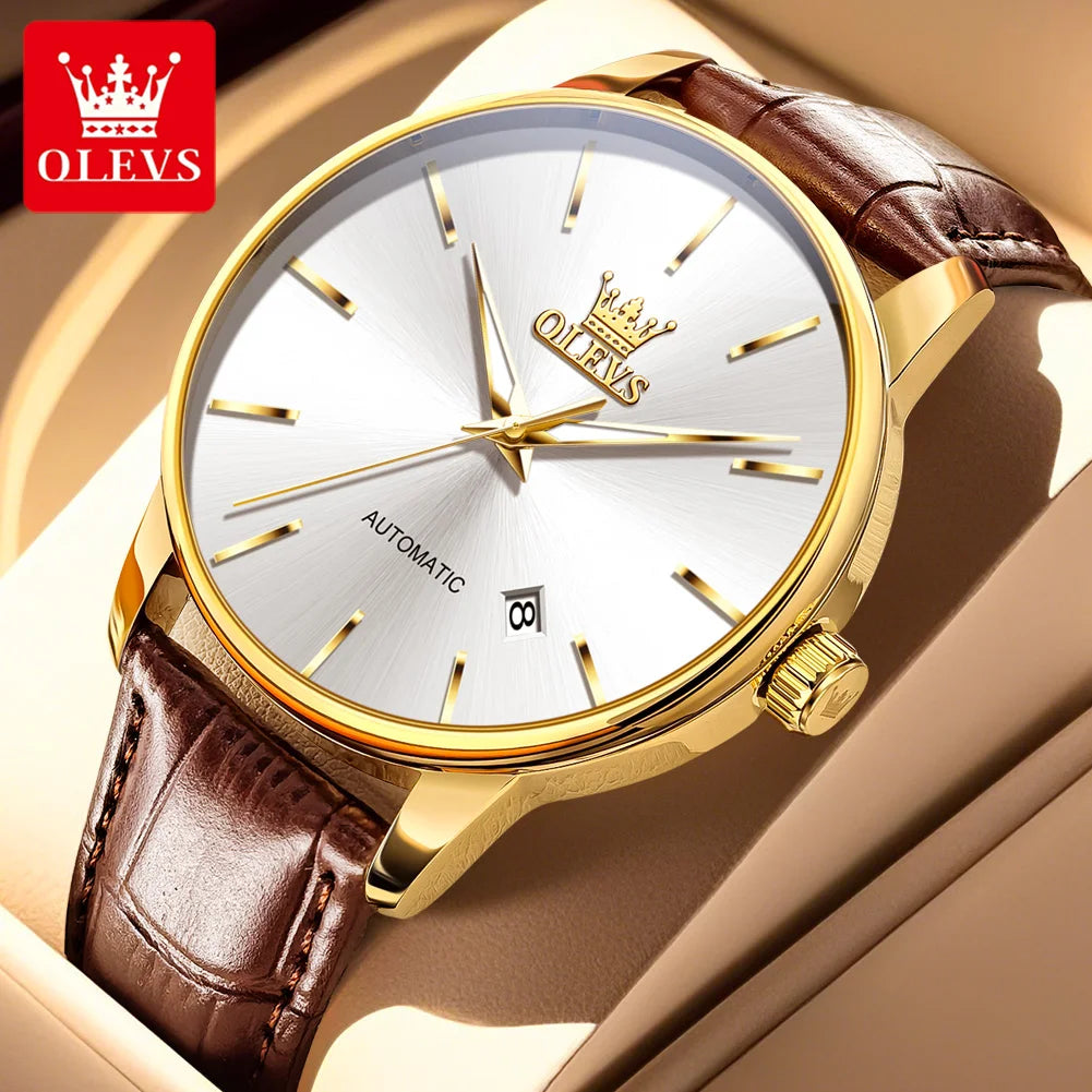 OLEVS 6725 Herren Automatikuhr Klassische Einfache Mechanische Uhr Für Männer Automatisches Datum Original Wasserdichtes Leder Herrenarmbanduhr