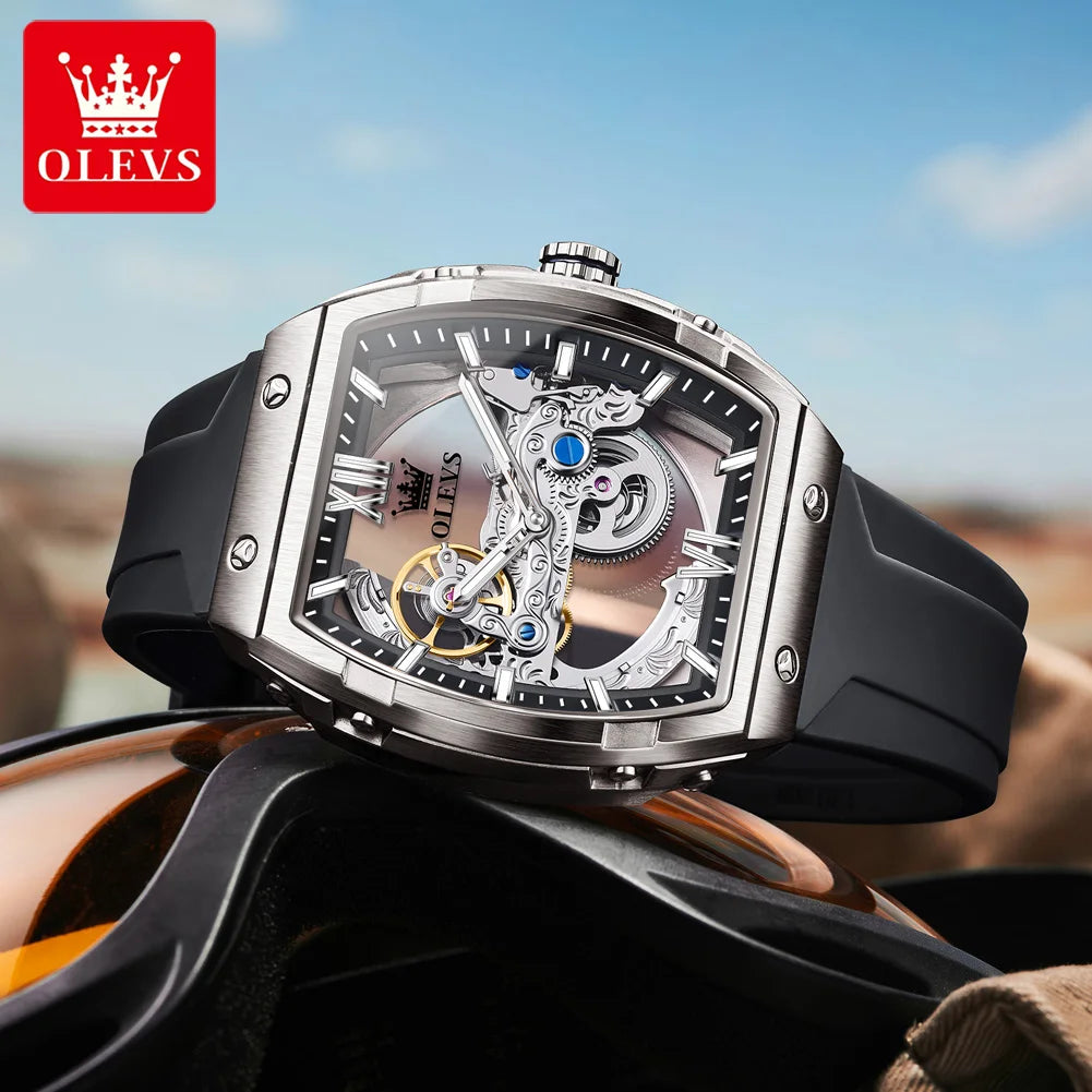 OLEVS 6779 Herrenuhr Skelett Luxus Tonneau Mechanische Uhren für Männer Wasserdichtes Silikonarmband Automatische Handaufzugsuhr Geschenkbox