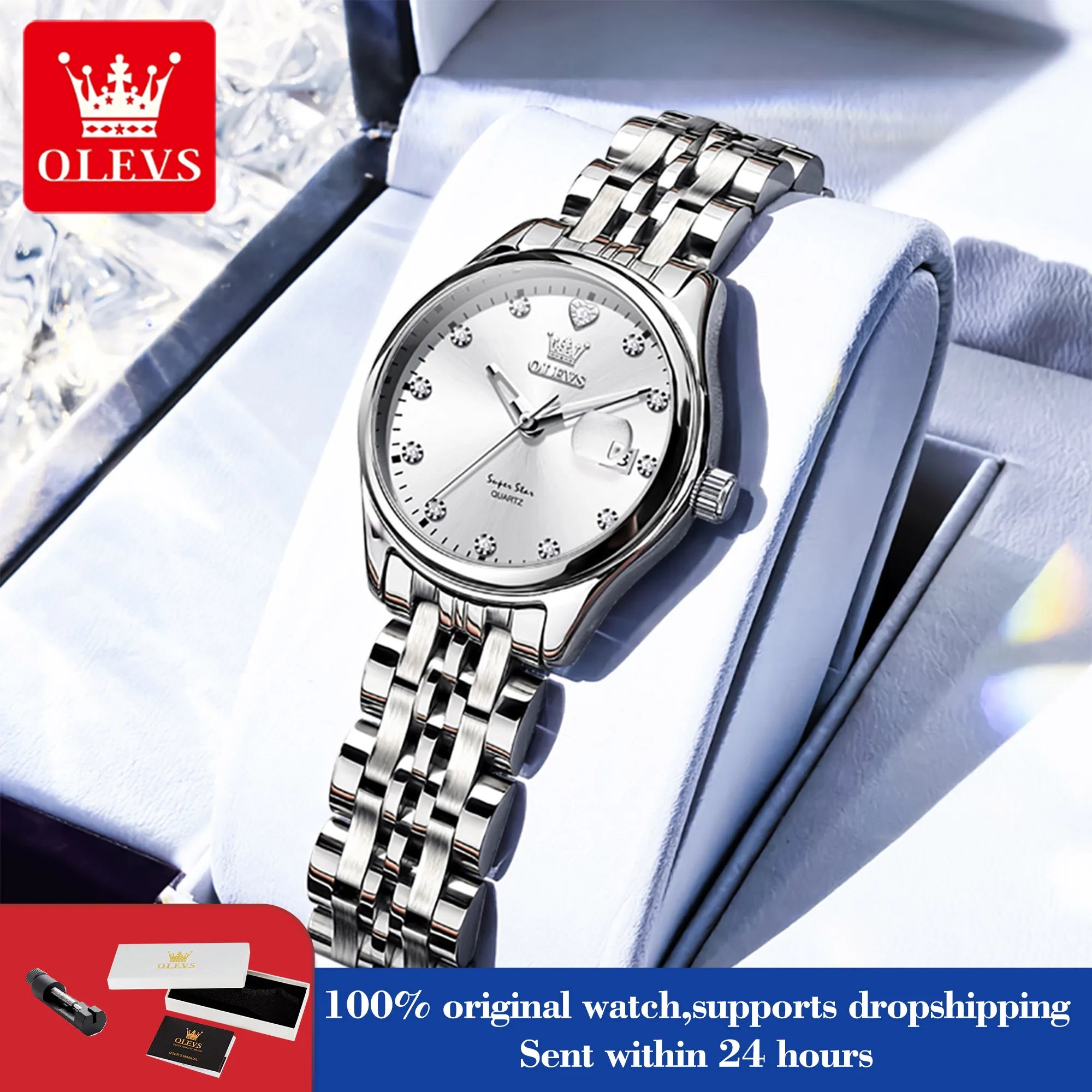 OLEVS 5649 Damenuhr 30M Wasserdicht Datum Quarzuhr Für Frauen Stahlarmband Zirkon Skala Luxus Elegante Damenuhr