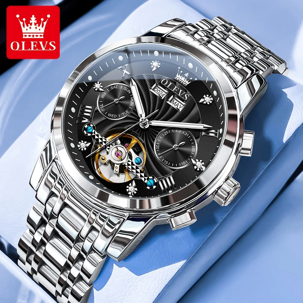 OLEVS Herrenuhr Mode Kalender Mechanische Uhr für Herren Original Hohl-Stahlarmband Business-Armbanduhr Tief wasserdicht 7088