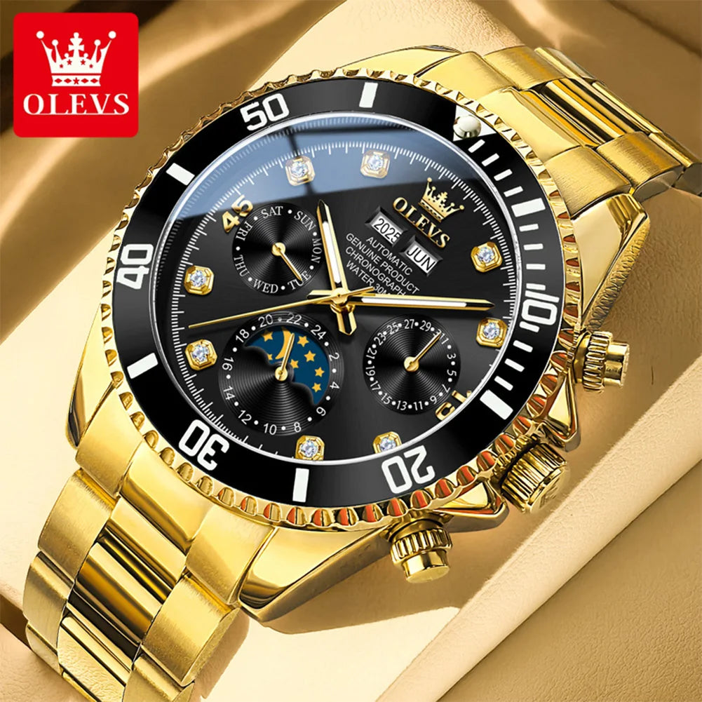 OLEVS 6729 Herren Automatikuhr Luxus Business Mondphase Mechanische Uhr für Herren 30M Wasserdicht Kalender Original Handuhr